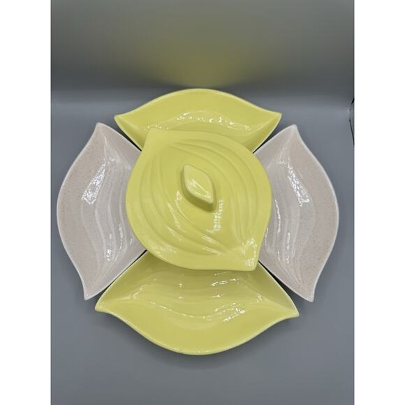 California Pottery Appetizer Tray Dish Yellow & White 6 pc Pottery L 34 USA MCM - Picture 1 of 11